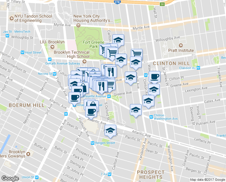 map of restaurants, bars, coffee shops, grocery stores, and more near 19 Greene Avenue in Brooklyn