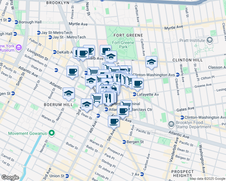 map of restaurants, bars, coffee shops, grocery stores, and more near 121 Saint Felix Street in Brooklyn