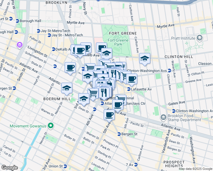 map of restaurants, bars, coffee shops, grocery stores, and more near 121 Saint Felix Street in Brooklyn
