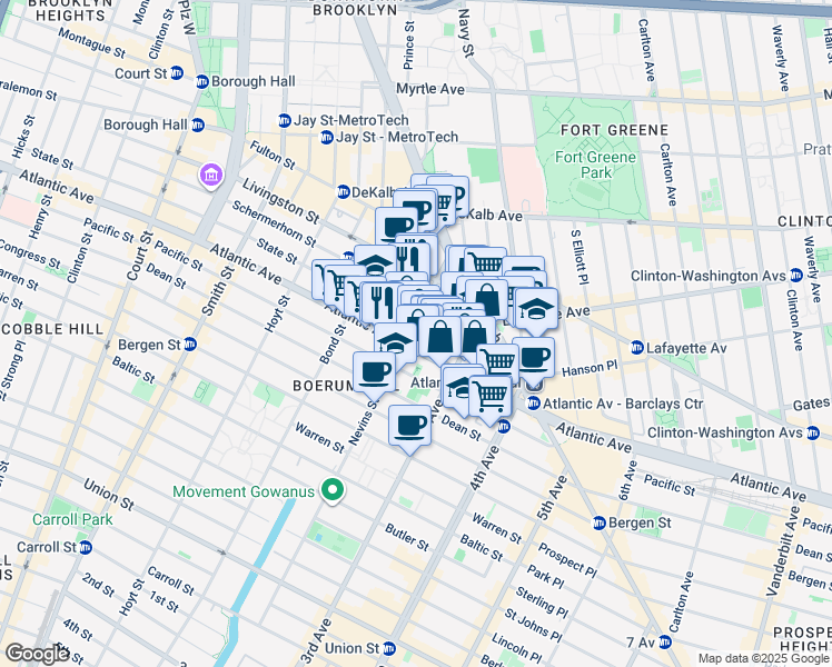 map of restaurants, bars, coffee shops, grocery stores, and more near 489 Atlantic Avenue in Brooklyn