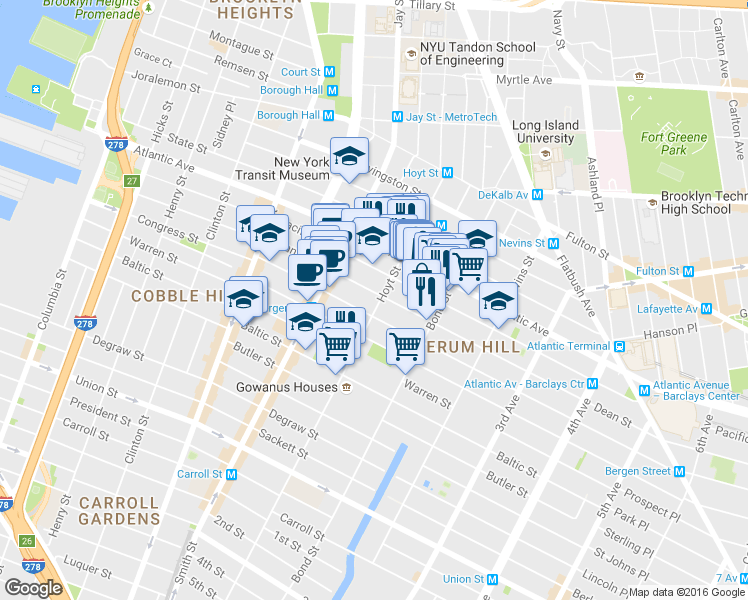 map of restaurants, bars, coffee shops, grocery stores, and more near 148 Dean Street in Brooklyn