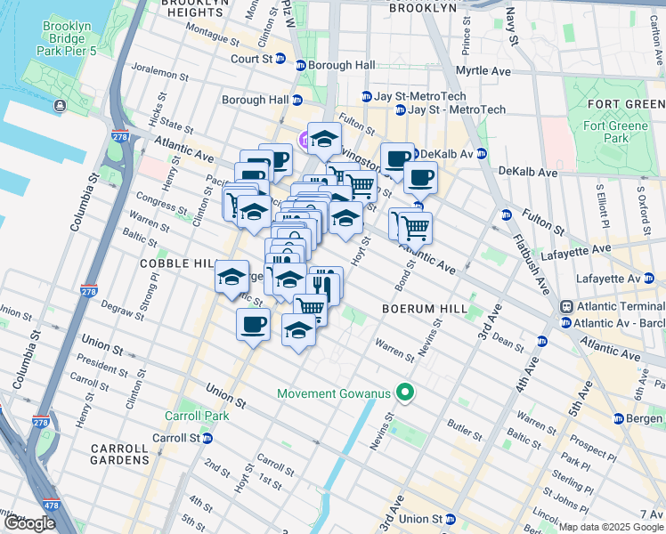 map of restaurants, bars, coffee shops, grocery stores, and more near 128 Bergen Street in Brooklyn