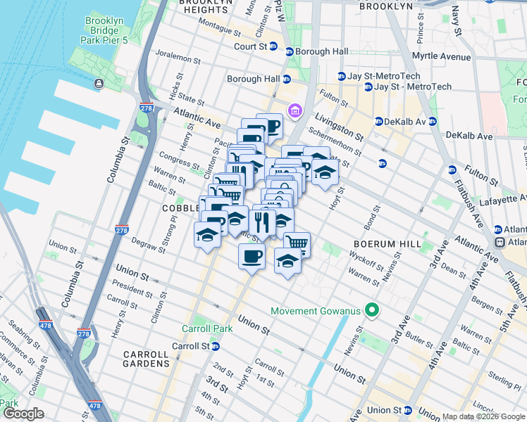 map of restaurants, bars, coffee shops, grocery stores, and more near in Brooklyn