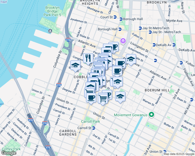 map of restaurants, bars, coffee shops, grocery stores, and more near 243 Kane Street in Brooklyn