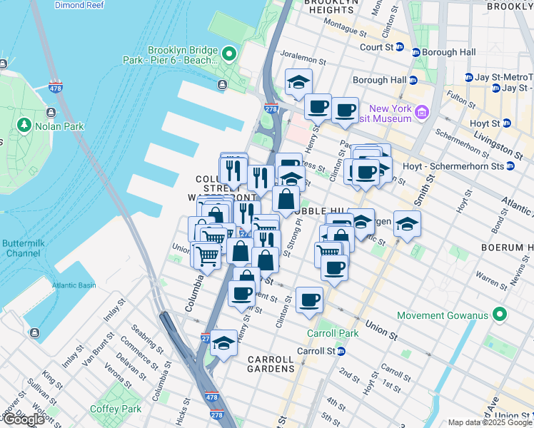 map of restaurants, bars, coffee shops, grocery stores, and more near 30 Cheever Place in Brooklyn