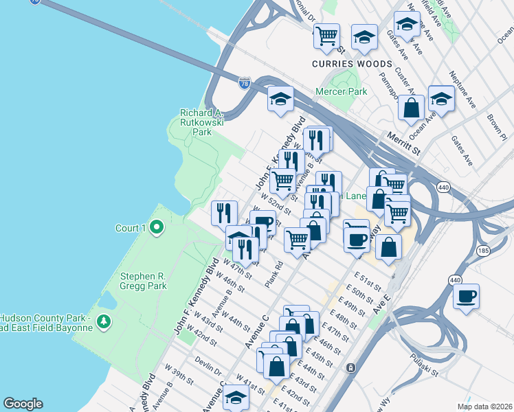 map of restaurants, bars, coffee shops, grocery stores, and more near 132 West 51st Street in Bayonne