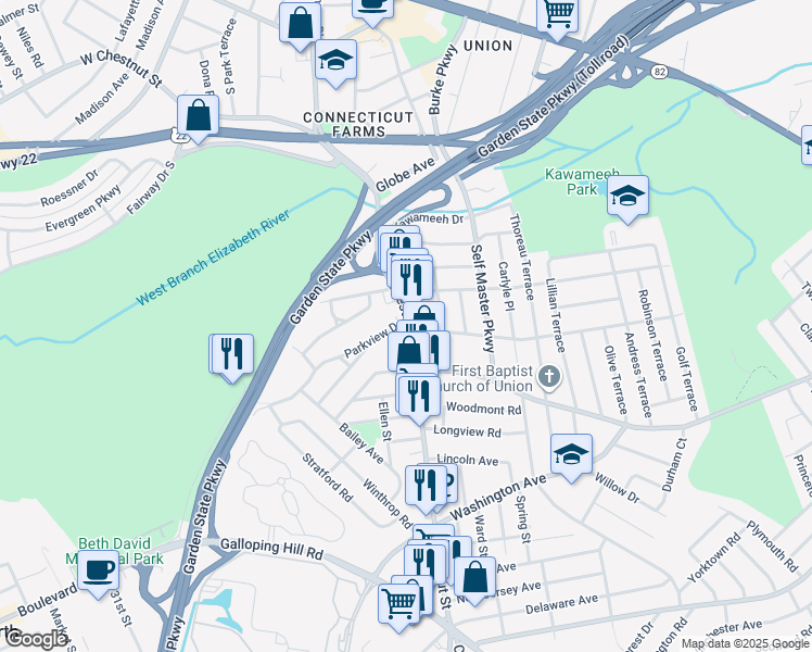 map of restaurants, bars, coffee shops, grocery stores, and more near 596 Chestnut Street in Union