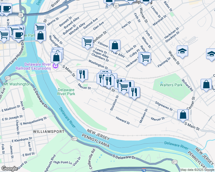 map of restaurants, bars, coffee shops, grocery stores, and more near 399 South Main Street in Phillipsburg