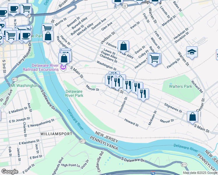 map of restaurants, bars, coffee shops, grocery stores, and more near 11 Cedar Alley in Phillipsburg