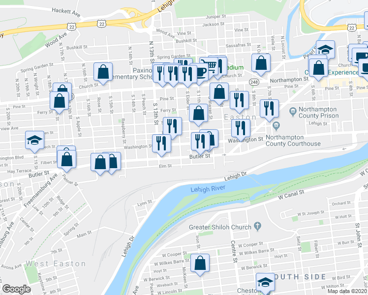 map of restaurants, bars, coffee shops, grocery stores, and more near 1135 Butler Street in Easton