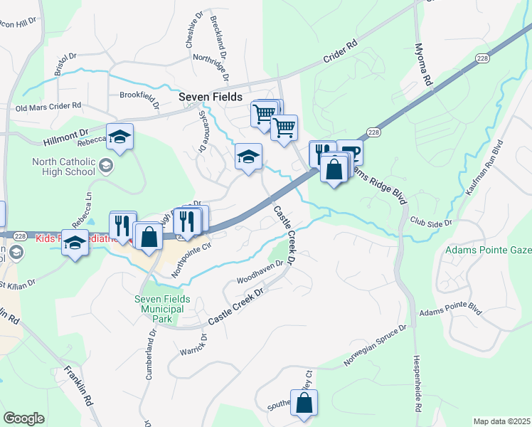 map of restaurants, bars, coffee shops, grocery stores, and more near 212 Brookside Lane in Seven Fields