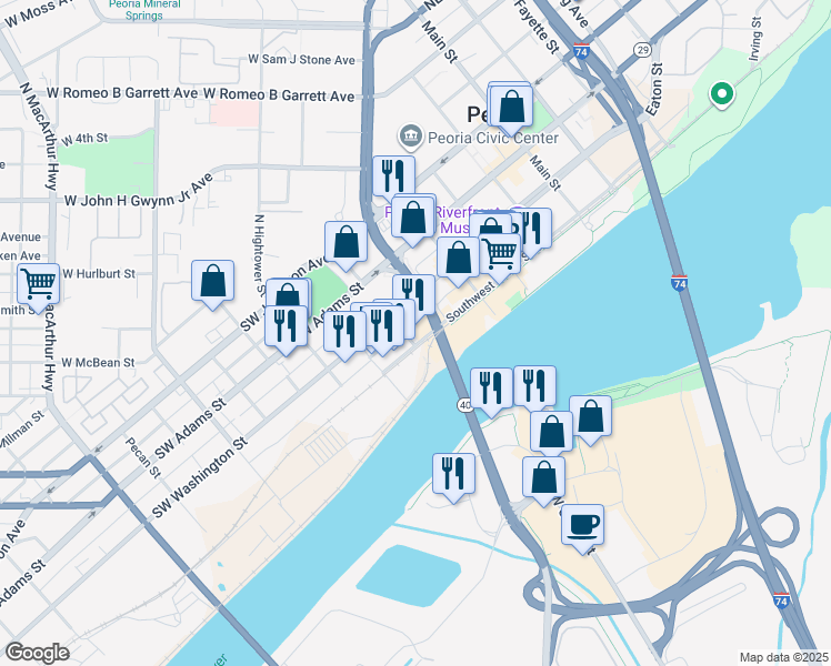 map of restaurants, bars, coffee shops, grocery stores, and more near 498 Southwest Water Street in Peoria