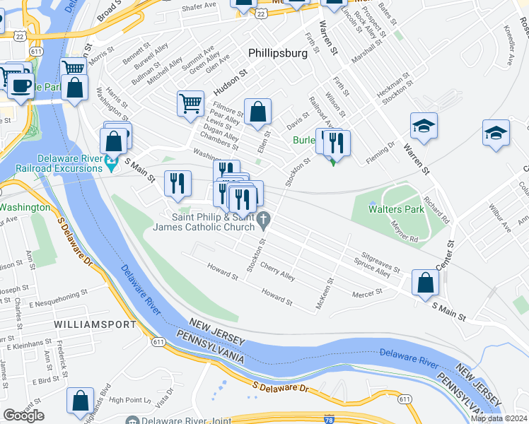 map of restaurants, bars, coffee shops, grocery stores, and more near 1 Sitgreaves Street in Phillipsburg