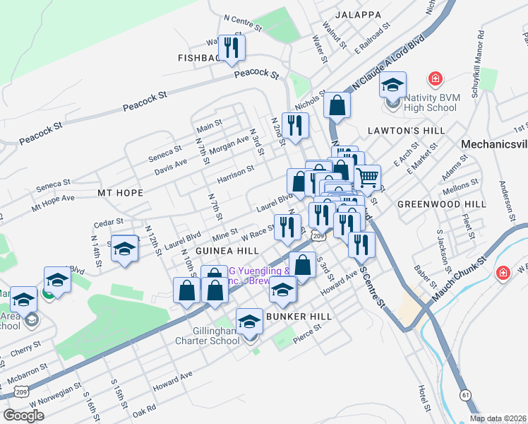 map of restaurants, bars, coffee shops, grocery stores, and more near 418 West Race Street in Pottsville
