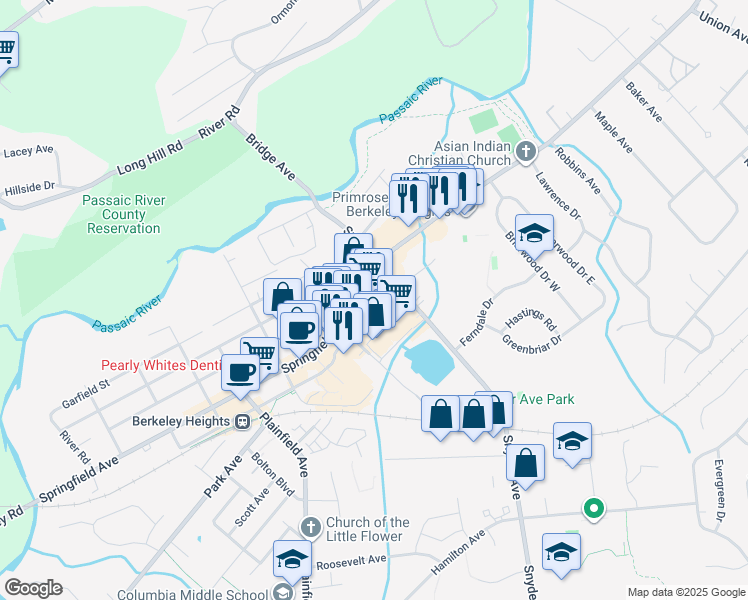 map of restaurants, bars, coffee shops, grocery stores, and more near 384 Springfield Avenue in Berkeley Heights