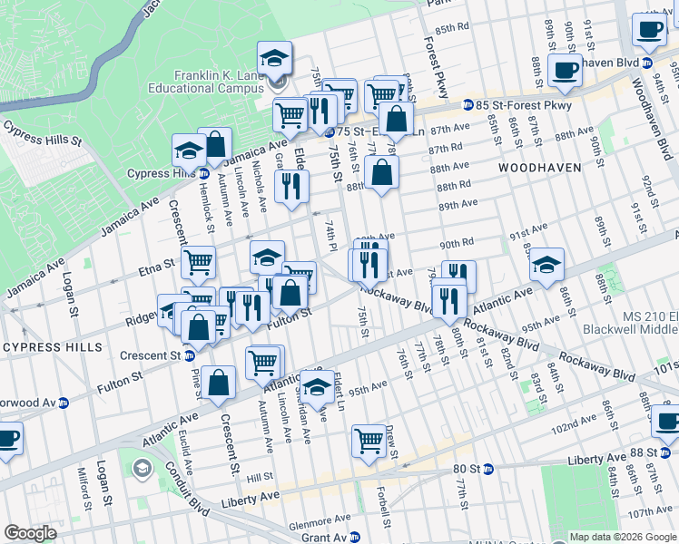 map of restaurants, bars, coffee shops, grocery stores, and more near in Queens