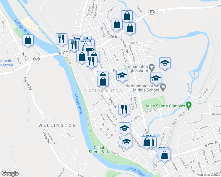 map of restaurants, bars, coffee shops, grocery stores, and more near 1660 Washington Avenue in Northampton