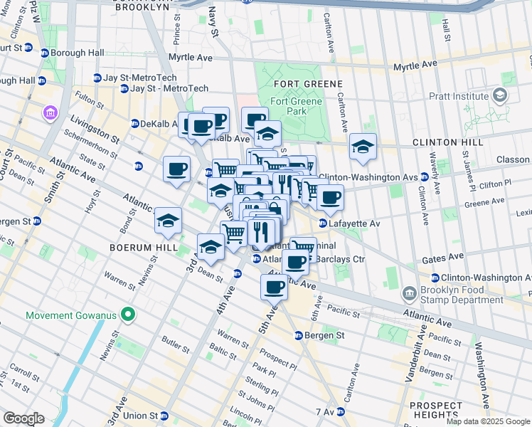 map of restaurants, bars, coffee shops, grocery stores, and more near 121 Saint Felix Street in Brooklyn