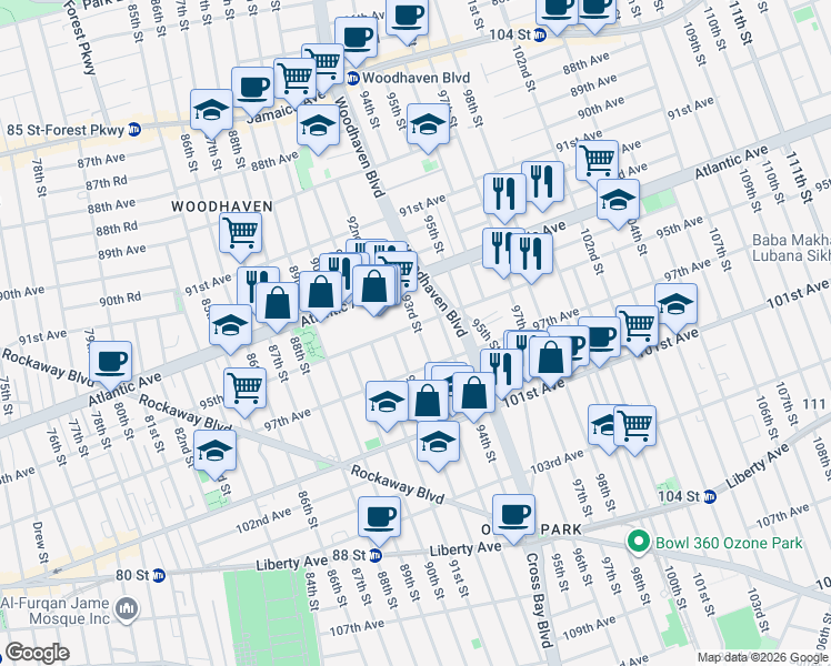 map of restaurants, bars, coffee shops, grocery stores, and more near in Queens
