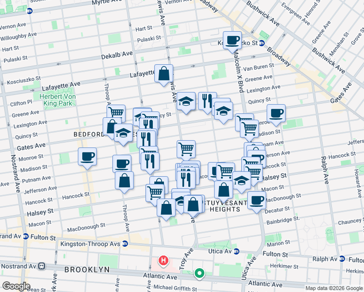map of restaurants, bars, coffee shops, grocery stores, and more near Lewis Avenue & Madison Street in Brooklyn