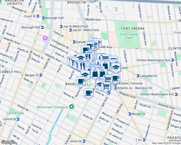 map of restaurants, bars, coffee shops, grocery stores, and more near 489 Atlantic Avenue in Brooklyn