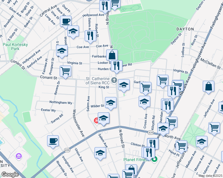 map of restaurants, bars, coffee shops, grocery stores, and more near 13 Queen Court in Hillside