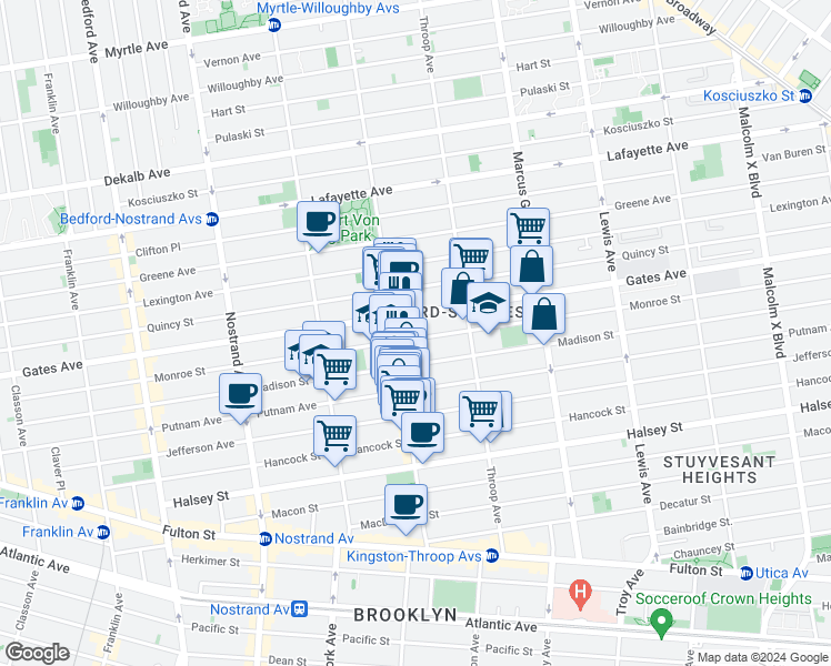 map of restaurants, bars, coffee shops, grocery stores, and more near 353 Monroe Street in Brooklyn