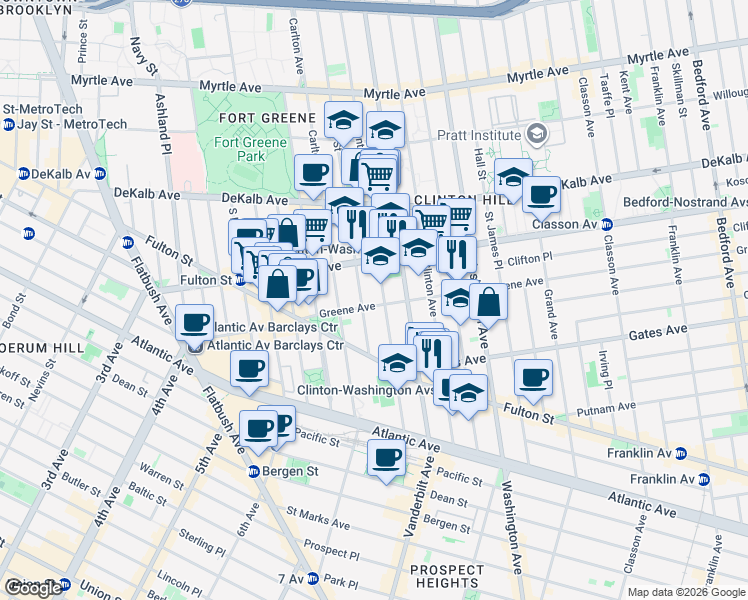 map of restaurants, bars, coffee shops, grocery stores, and more near 72 Greene Avenue in Brooklyn