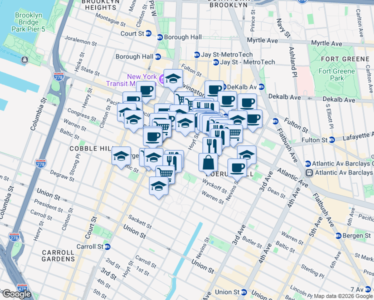 map of restaurants, bars, coffee shops, grocery stores, and more near 134 Dean Street in Brooklyn