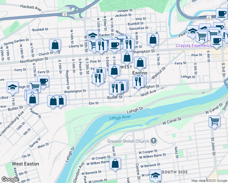 map of restaurants, bars, coffee shops, grocery stores, and more near 1108 Washington Street in Easton