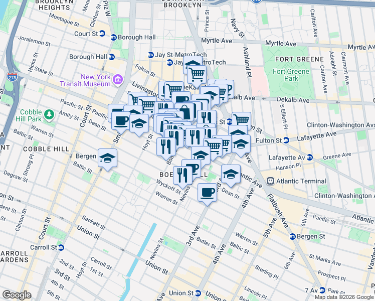 map of restaurants, bars, coffee shops, grocery stores, and more near 426 Atlantic Avenue in Brooklyn