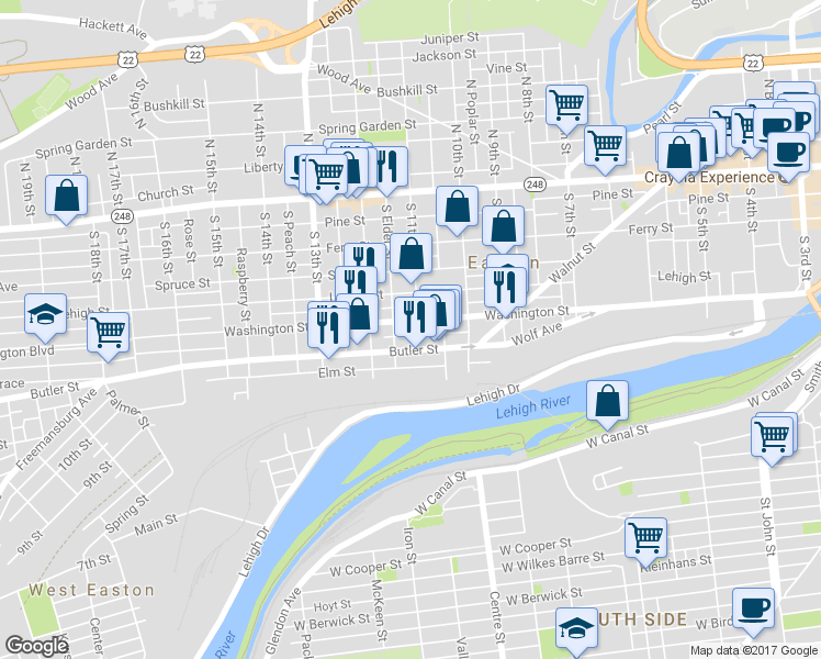 map of restaurants, bars, coffee shops, grocery stores, and more near 1108 Washington Street in Easton