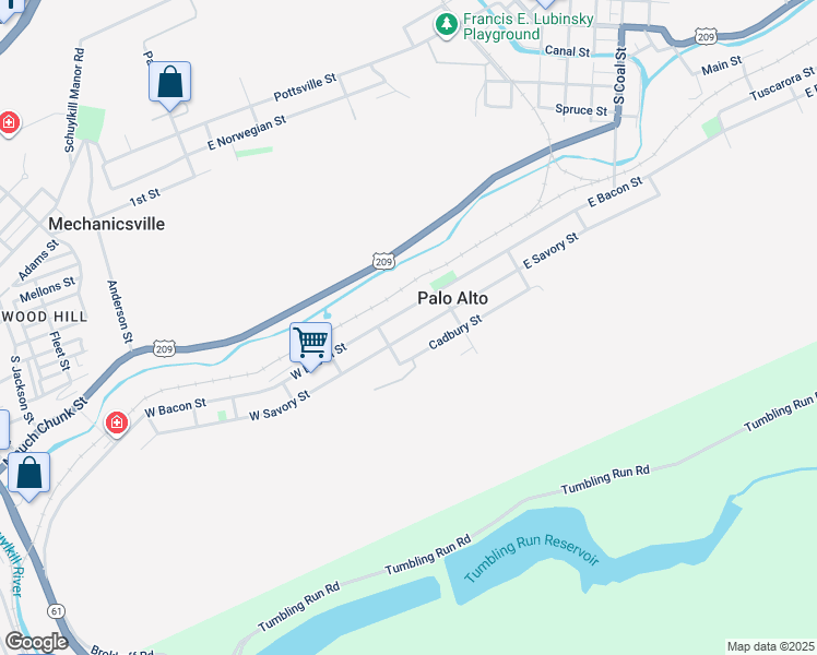 map of restaurants, bars, coffee shops, grocery stores, and more near 1 East Savory Street in Pottsville