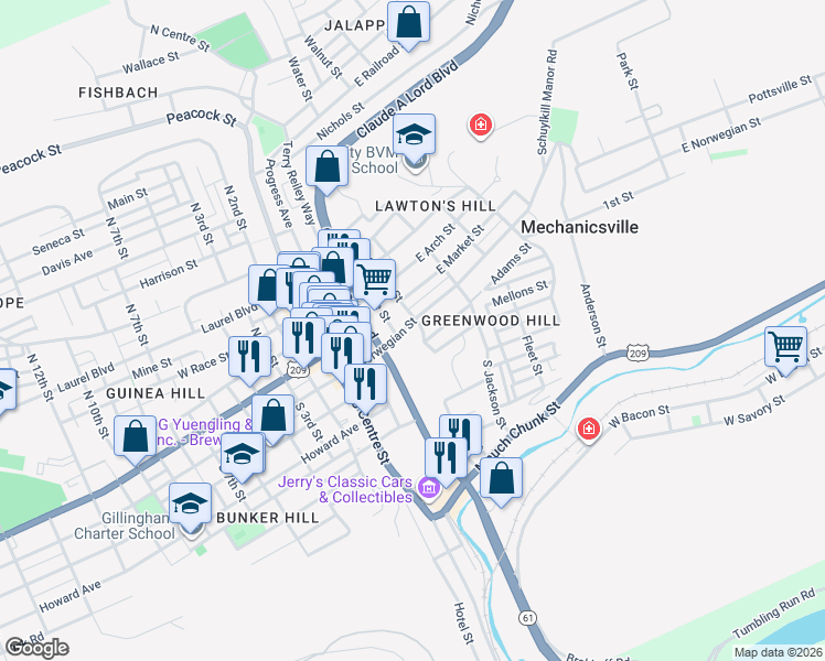 map of restaurants, bars, coffee shops, grocery stores, and more near 331 East Norwegian Street in Pottsville