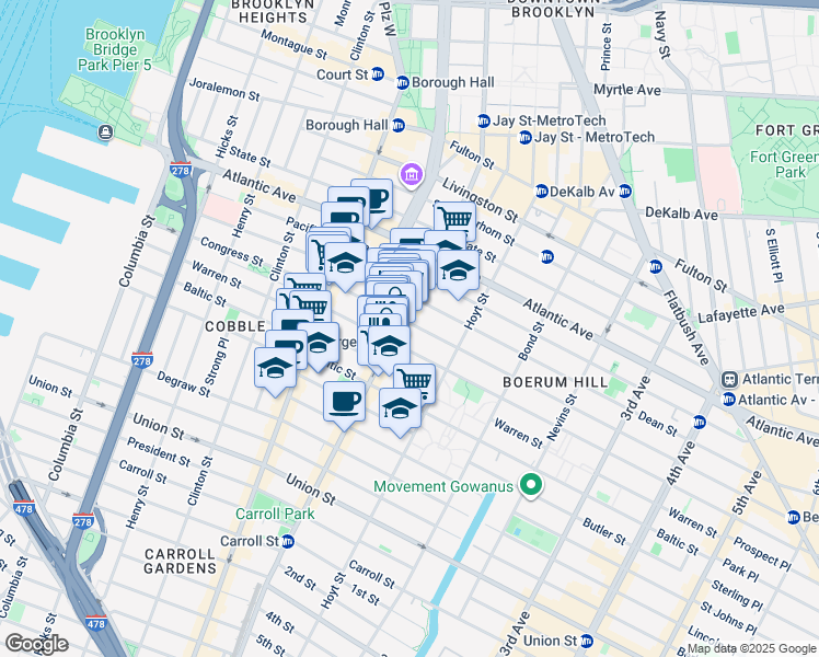 map of restaurants, bars, coffee shops, grocery stores, and more near 86 Bergen Street in Brooklyn