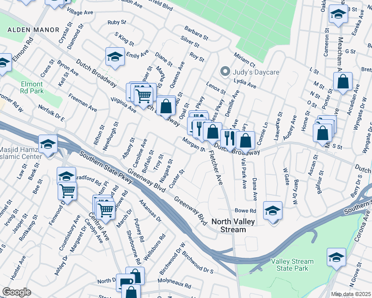 map of restaurants, bars, coffee shops, grocery stores, and more near 723 Caroline Avenue in Valley Stream