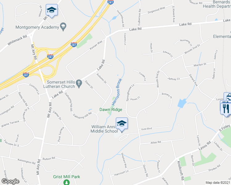 map of restaurants, bars, coffee shops, grocery stores, and more near 42 Autumn Drive in Bernards