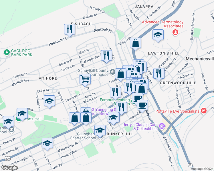 map of restaurants, bars, coffee shops, grocery stores, and more near 405 Laurel Boulevard in Pottsville