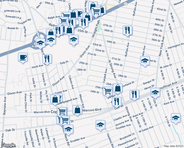 map of restaurants, bars, coffee shops, grocery stores, and more near 88 27th Street in Copiague