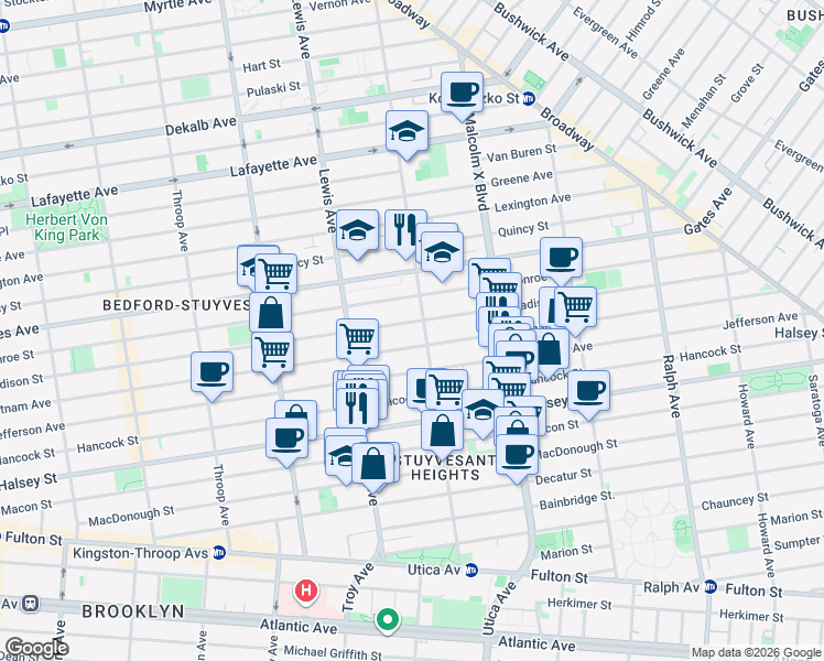 map of restaurants, bars, coffee shops, grocery stores, and more near 703 Putnam Avenue in Brooklyn