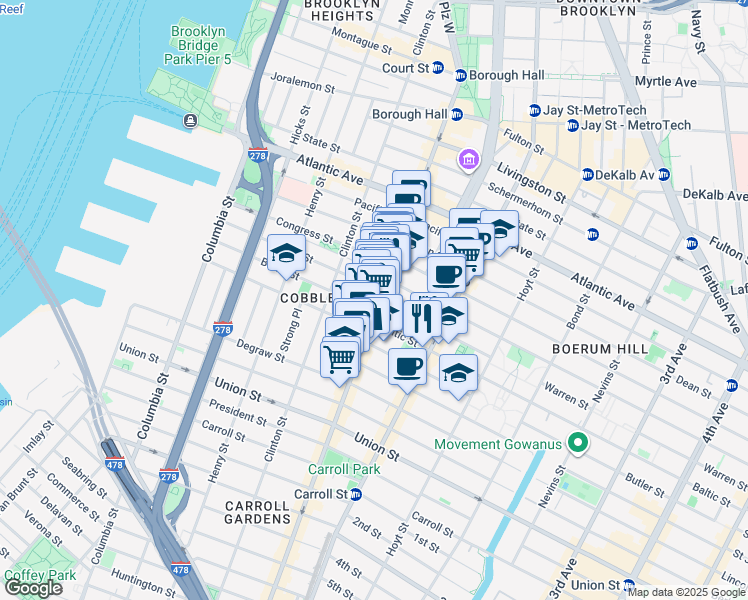 map of restaurants, bars, coffee shops, grocery stores, and more near 222 Court Street in Brooklyn