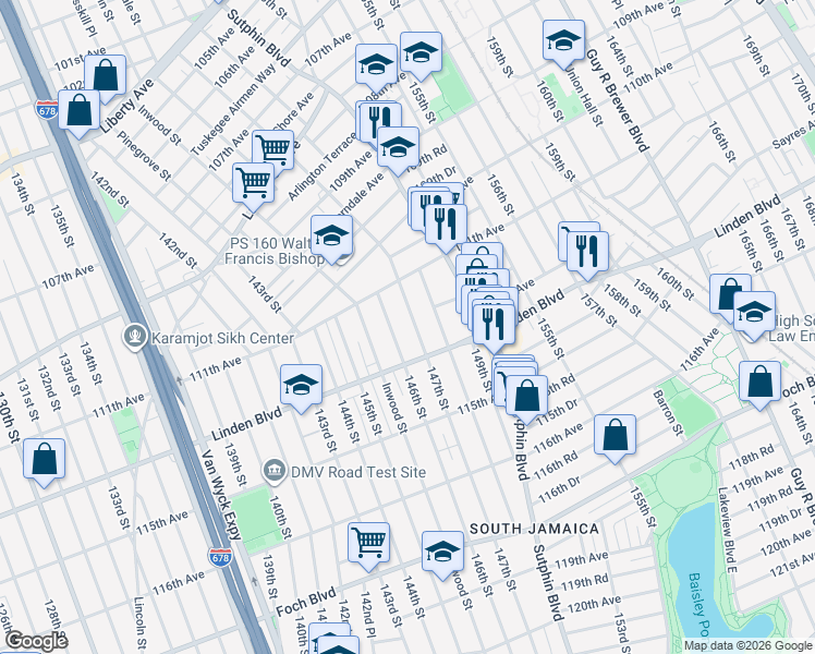 map of restaurants, bars, coffee shops, grocery stores, and more near 111-66 Liverpool Street in Queens
