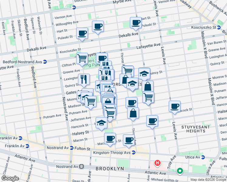 map of restaurants, bars, coffee shops, grocery stores, and more near 355 Monroe Street in Brooklyn