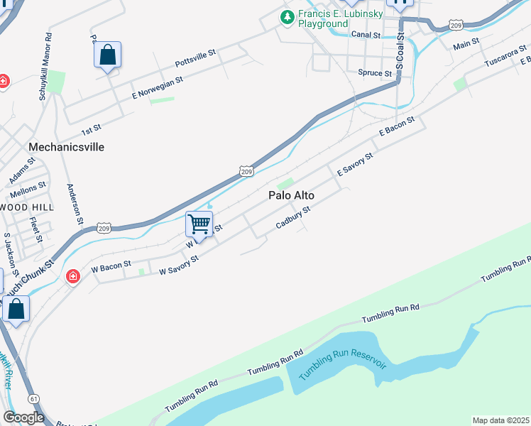 map of restaurants, bars, coffee shops, grocery stores, and more near 33 East Savory Street in Pottsville