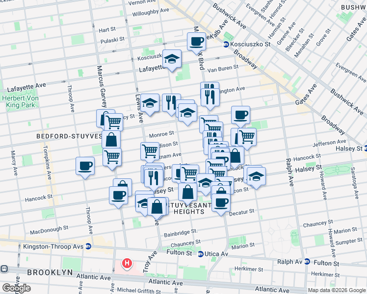 map of restaurants, bars, coffee shops, grocery stores, and more near 239 Stuyvesant Avenue in Brooklyn