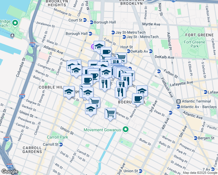 map of restaurants, bars, coffee shops, grocery stores, and more near Dean St & Hoyt St in Brooklyn