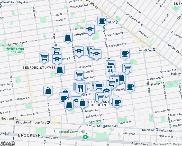 map of restaurants, bars, coffee shops, grocery stores, and more near 703 Putnam Avenue in Brooklyn