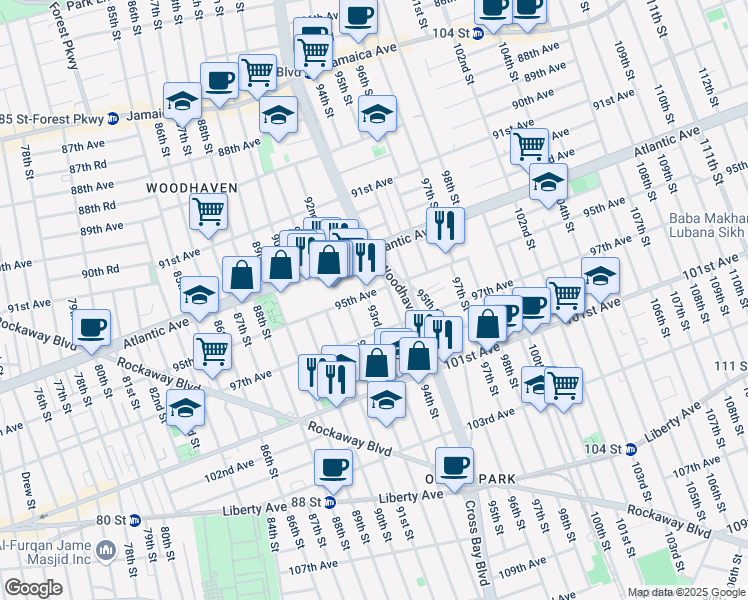 map of restaurants, bars, coffee shops, grocery stores, and more near 93-02 95th Avenue in Queens