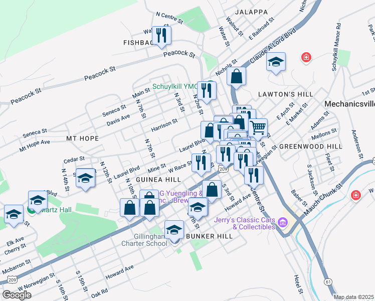 map of restaurants, bars, coffee shops, grocery stores, and more near 403 Laurel Boulevard in Pottsville