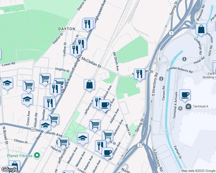 map of restaurants, bars, coffee shops, grocery stores, and more near 1102 Madison Avenue in Elizabeth